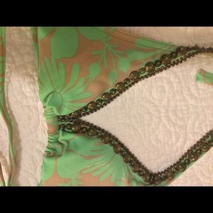 Green and brown flower print bikini top